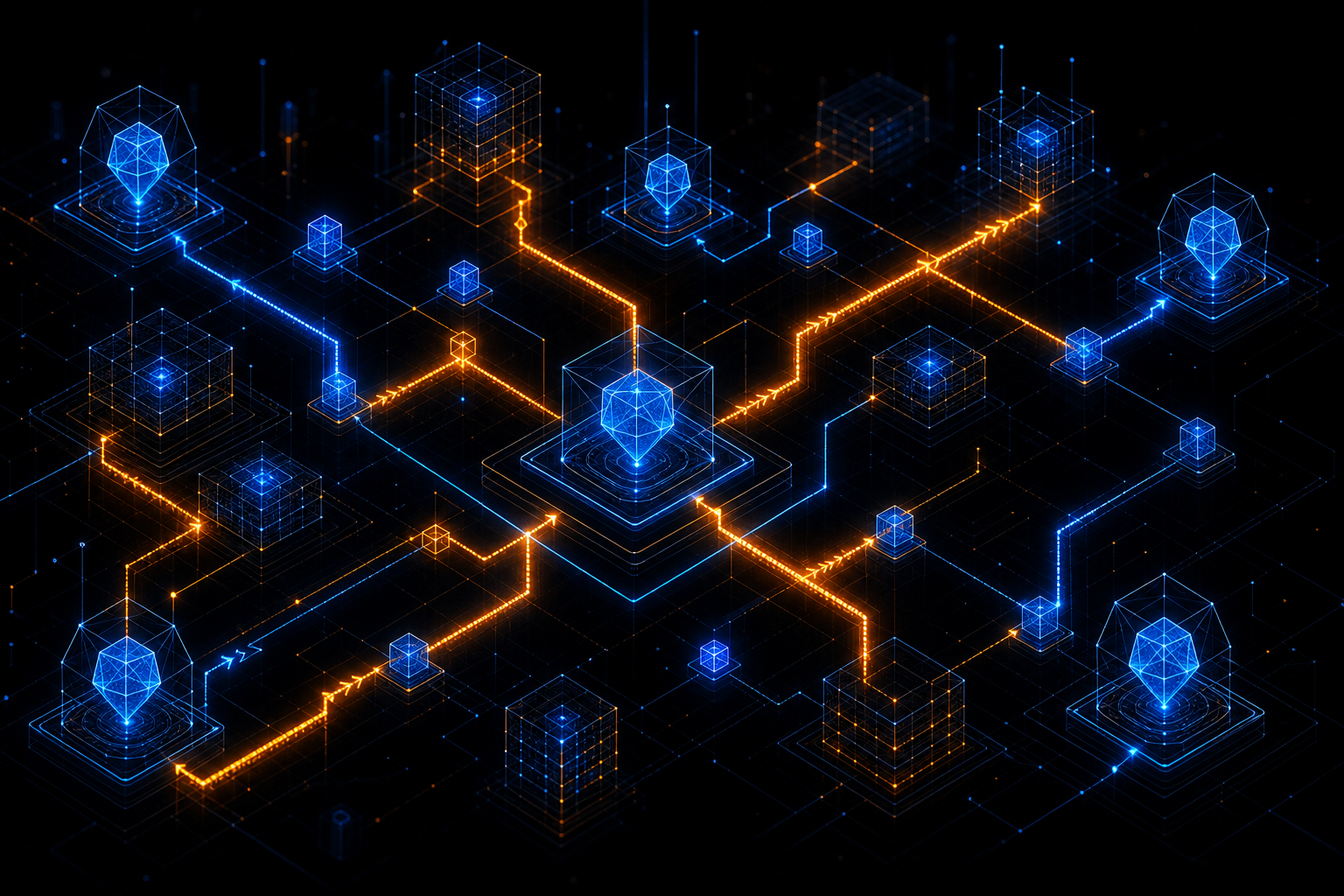 Abstract network topology with agent nodes and dependency pathways on a dark field, cobalt and amber accents
